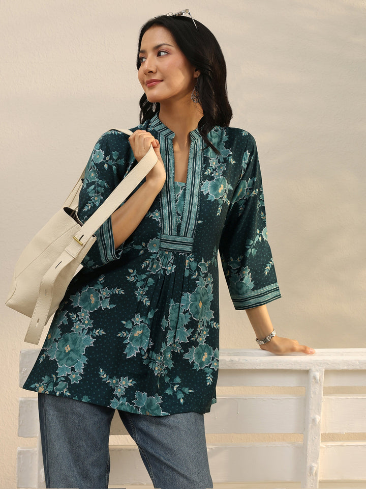 Teal Floral Printed Silk Blend Straight Short Kurti