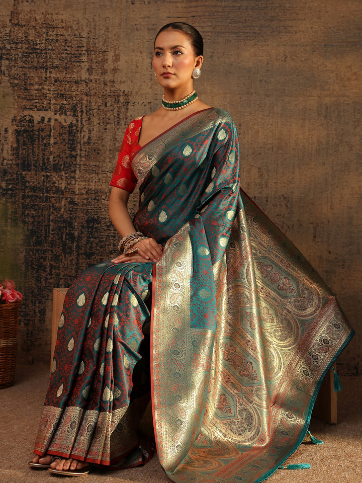 Teal Floral Woven Design Silk Blend Saree With Unstitched Blouse Piece