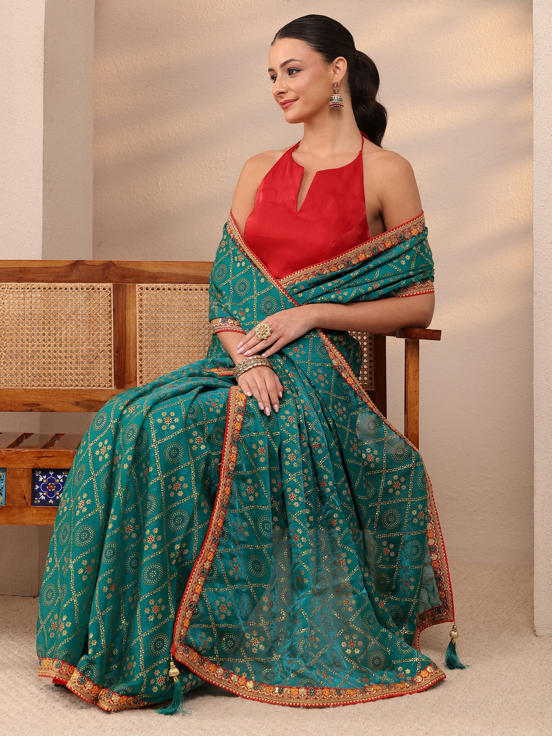 Teal Green Gharchola Embellished Silk Blend Saree 
With Unstitched Blouse Piece