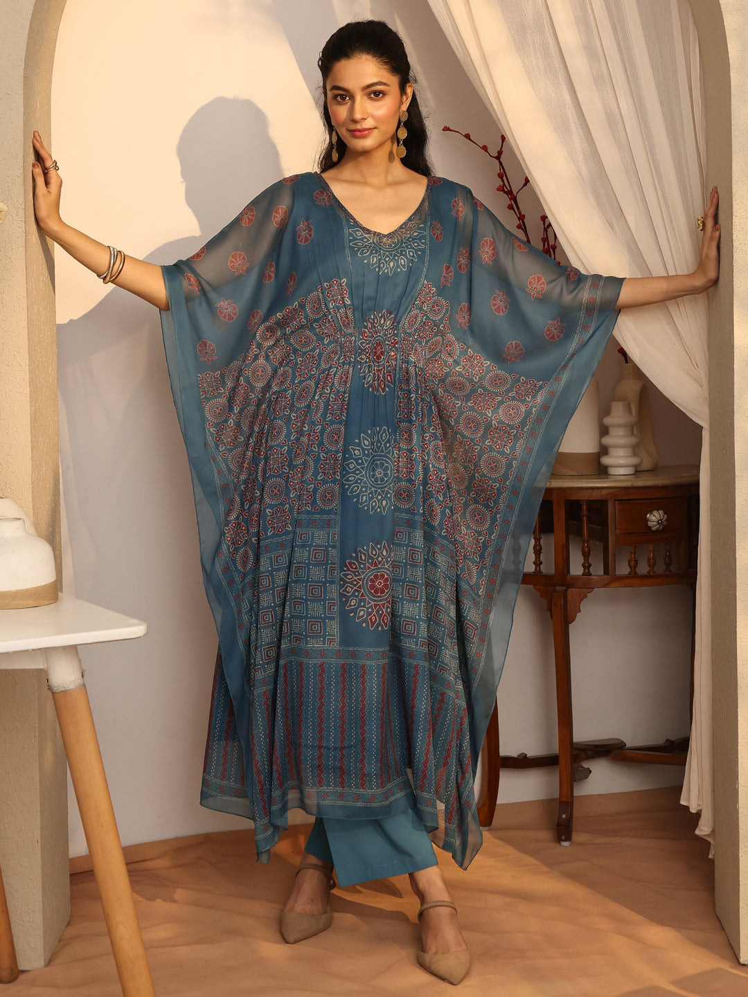 Teal  Printed Chiffon Straight Kurta Set