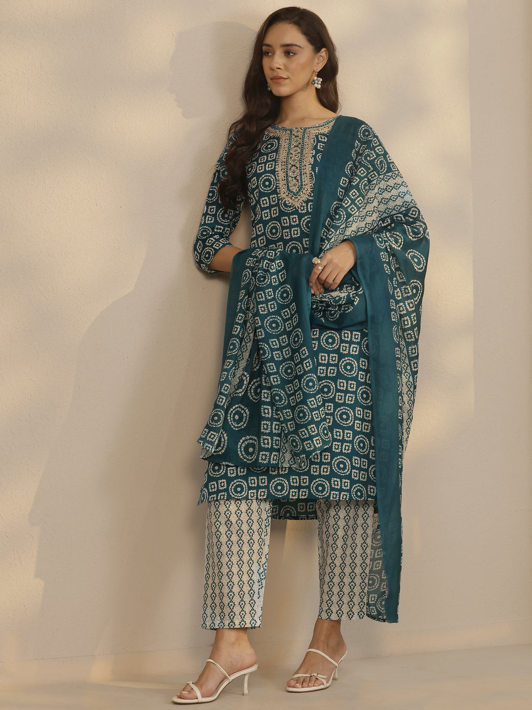 Teal Printed Cotton Blend Straight Suit Set With Dupatta