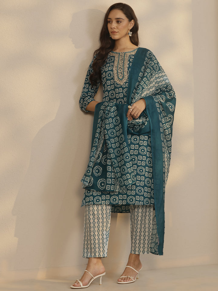 Teal Printed Cotton Blend Straight Suit Set With Dupatta