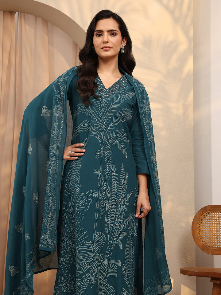Teal Printed Cotton Straight Suit Set With Dupatta
