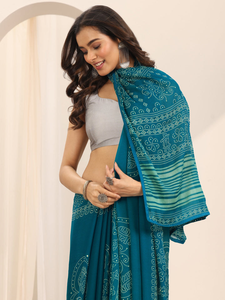 Teal Printed Georgette Saree With Unstitched Blouse Piece