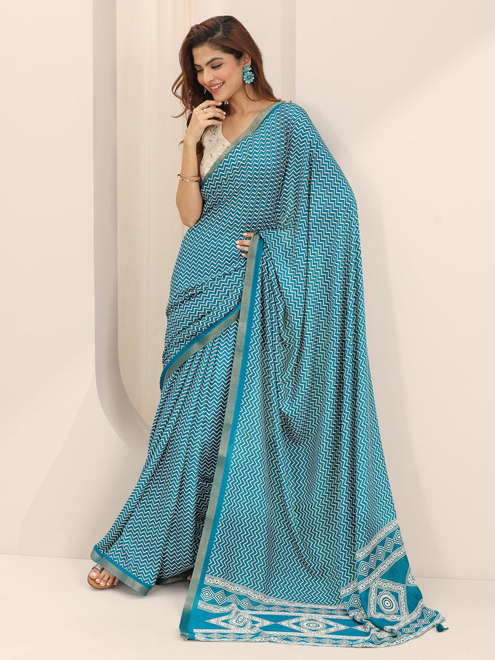 Teal Printed Georgette Saree With Unstitched Blouse Piece