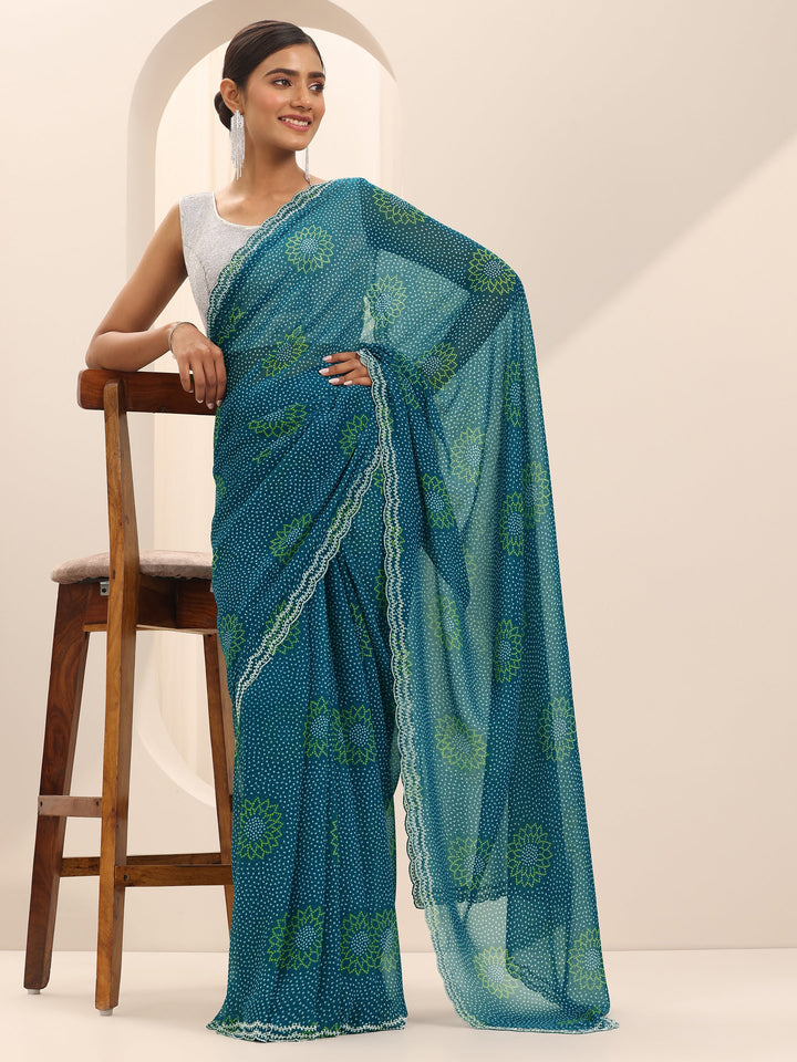 Teal Printed Georgette Saree With Unstitched Blouse Piece