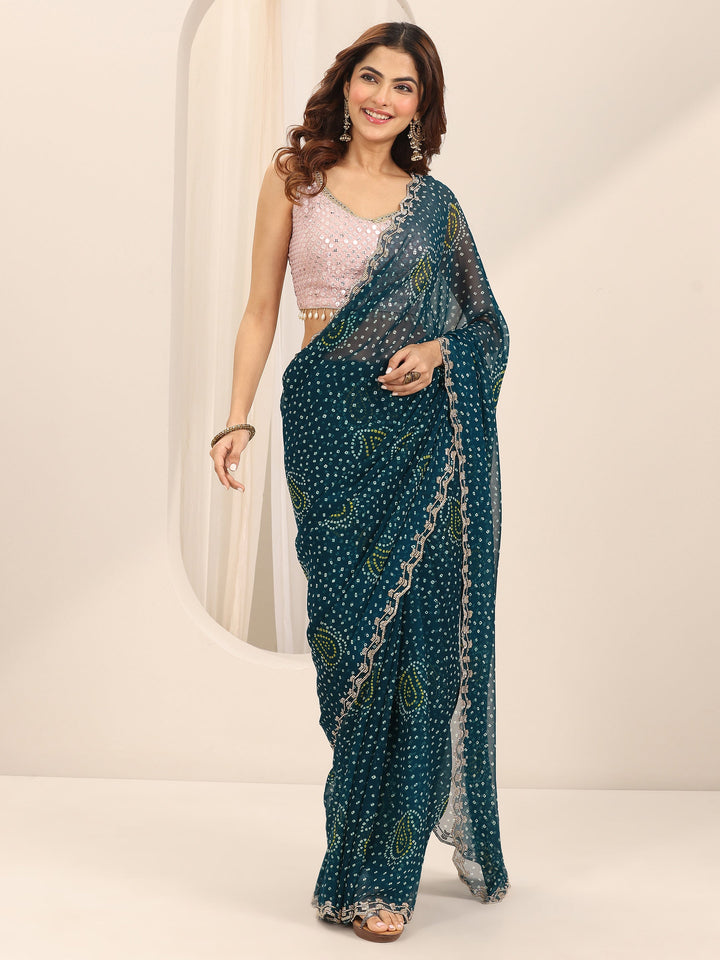 Teal Printed Georgette Saree With Unstitched Blouse Piece