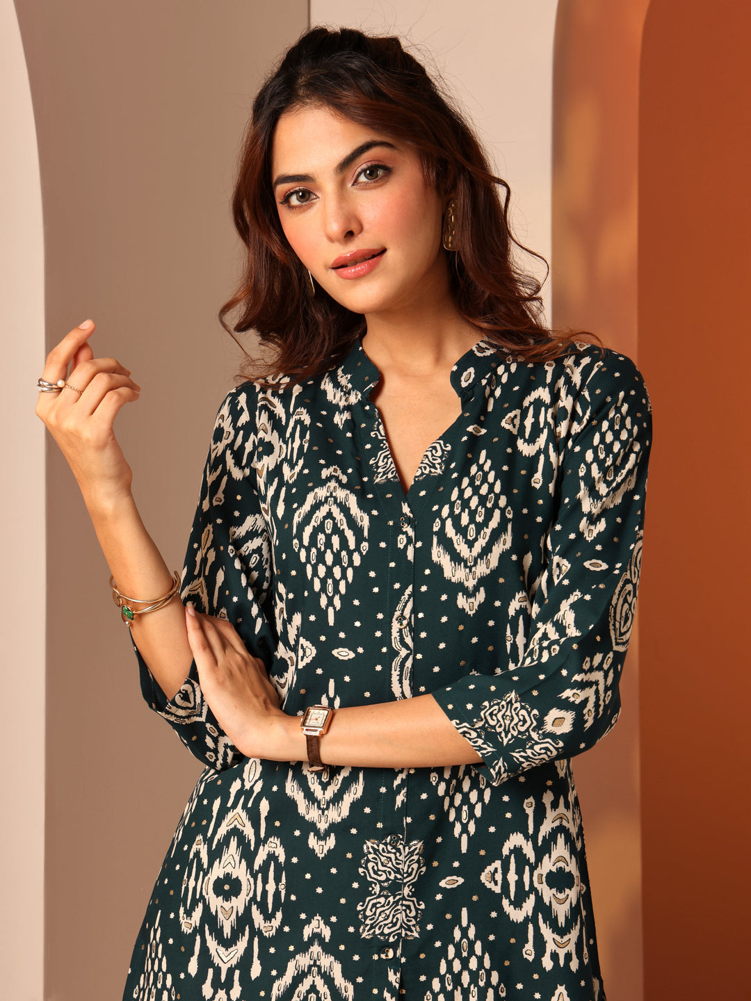 Teal Printed Rayon Straight Short Kurti