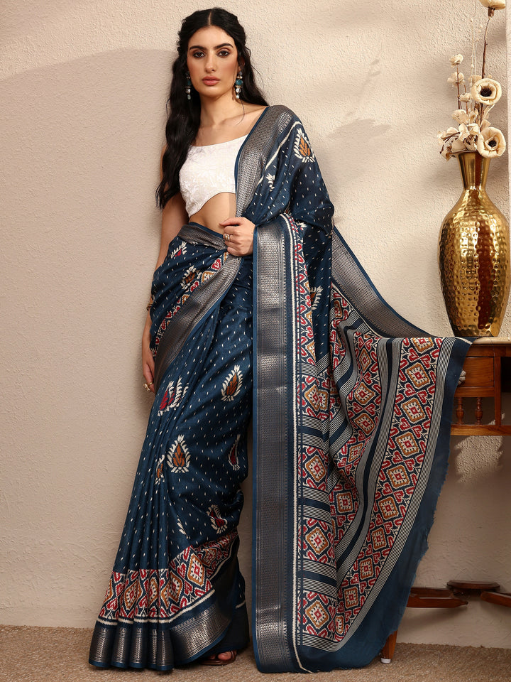 Teal Printed Silk Blend Saree With Unstitched Blouse Piece