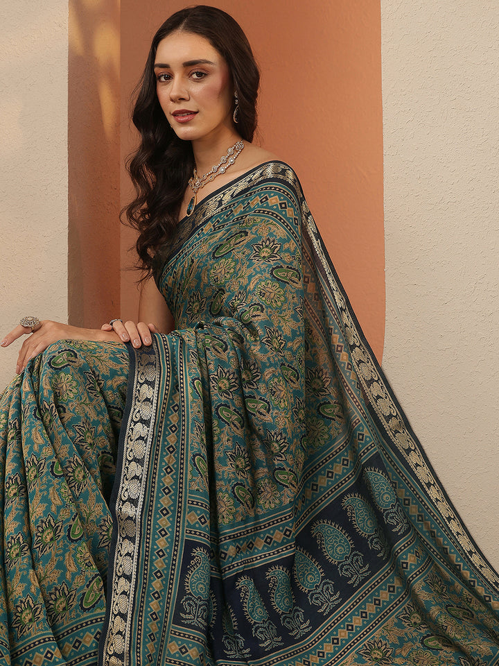Teal Printed Silk Blend Saree With Unstitched Blouse Piece