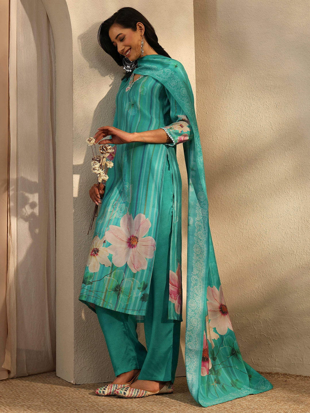Teal Printed Silk Blend Straight Suit Set With Dupatta