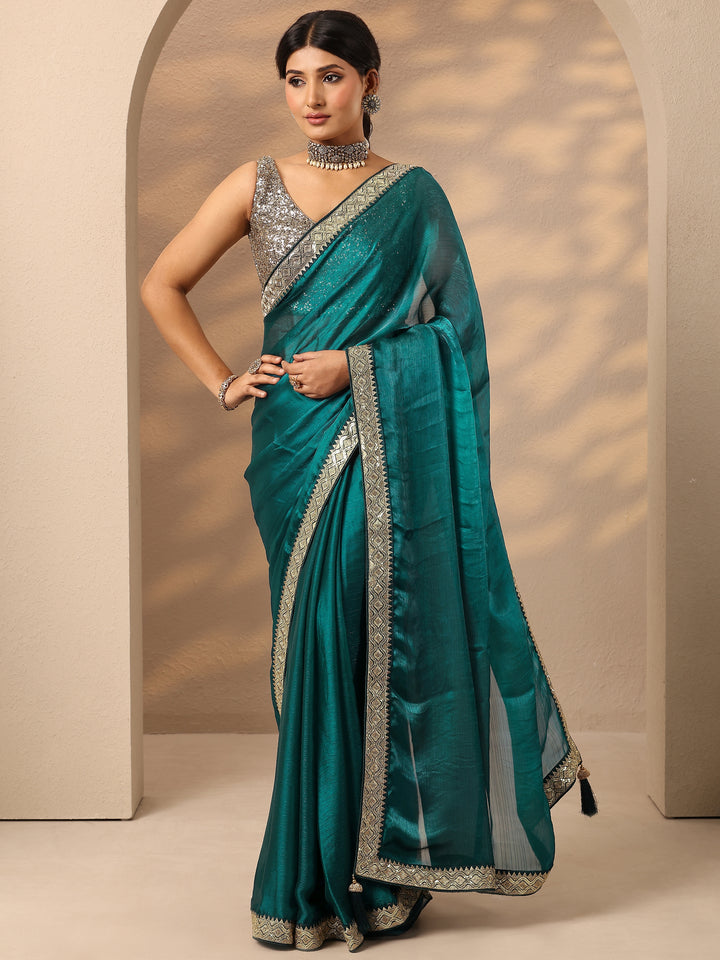 Teal Solid Silk Blend Saree With Unstitched Blouse Piece