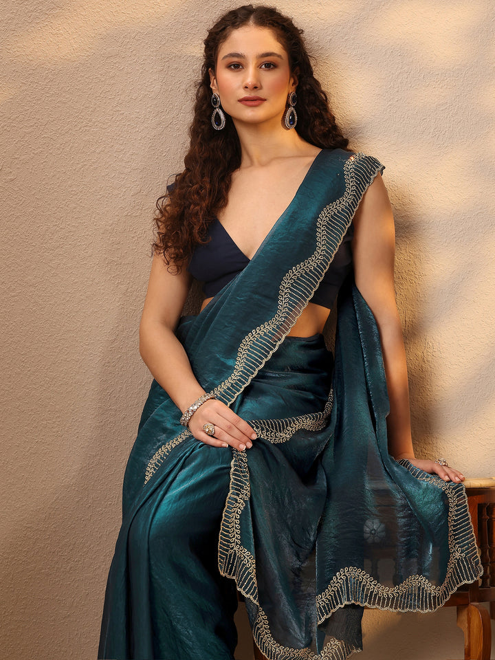 Teal Solid Silk Blend Saree With Unstitched Blouse Piece