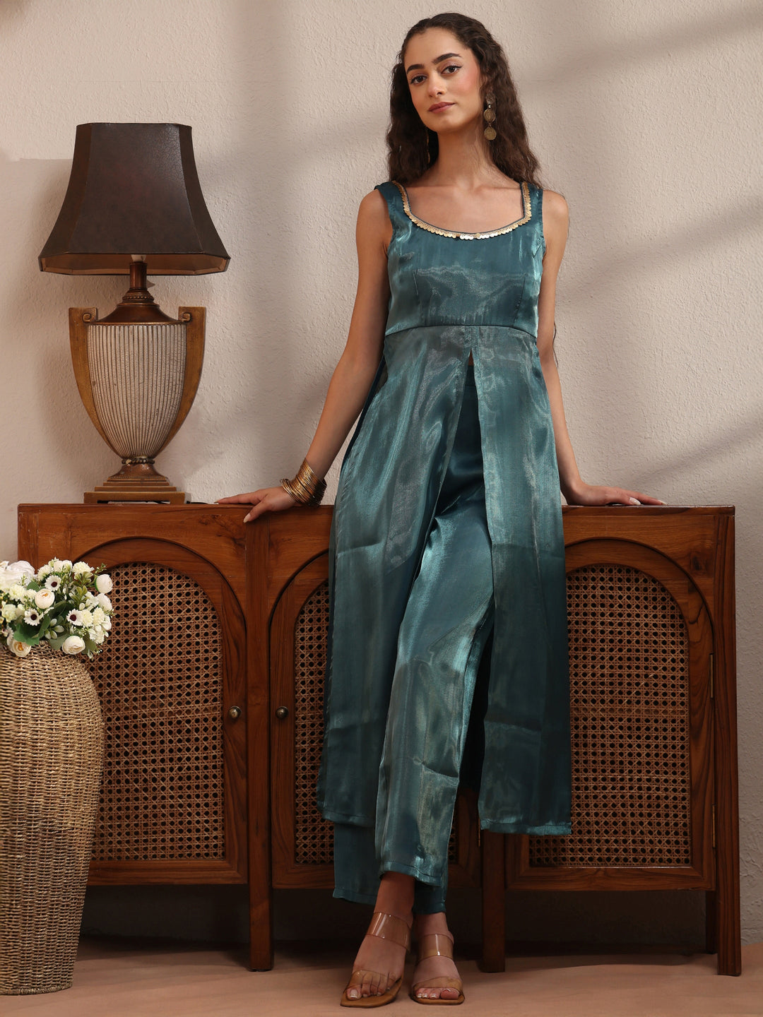 Teal Solid Tissue Front Slit A-Line Kurta Set