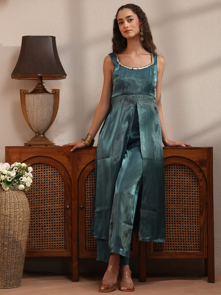 Teal Solid Tissue Front Slit A-Line Kurta Set