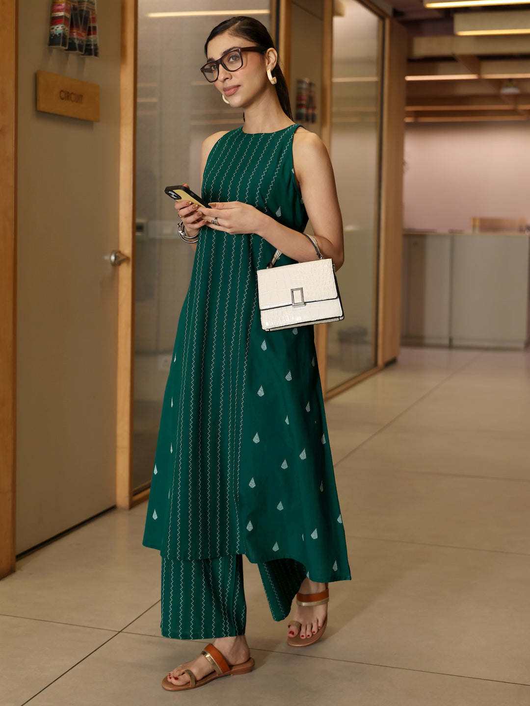 Teal Striped Woven Design Cotton Blend A-Line Kurta Set