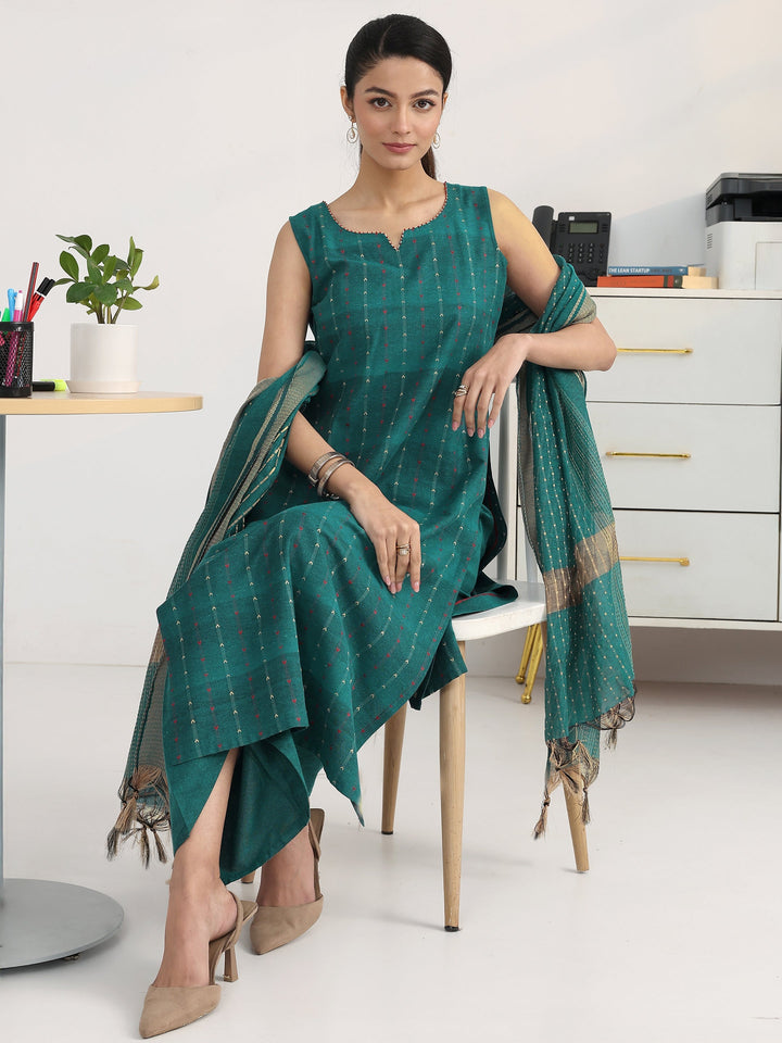 Teal Striped Woven Design Cotton Blend Straight Suit Set With Dupatta