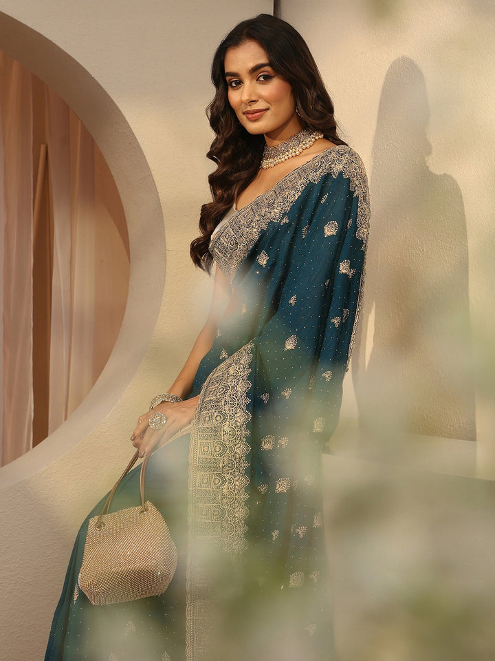 Teal Tissue Saree With Embellished Border