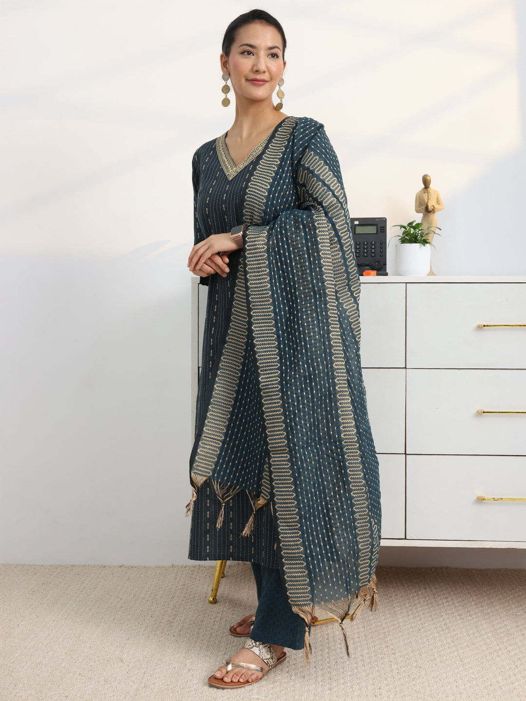 Teal Woven Design Cotton Blend Straight Suit Set With Dupatta