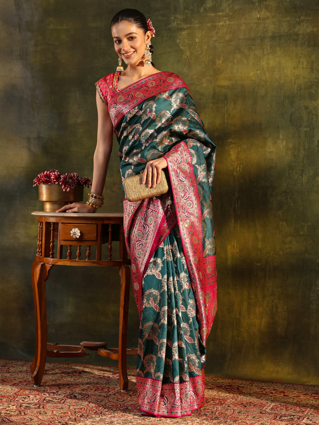 Teal Woven Design Silk Blend Banarasi Saree With Unstitched Blouse Piece