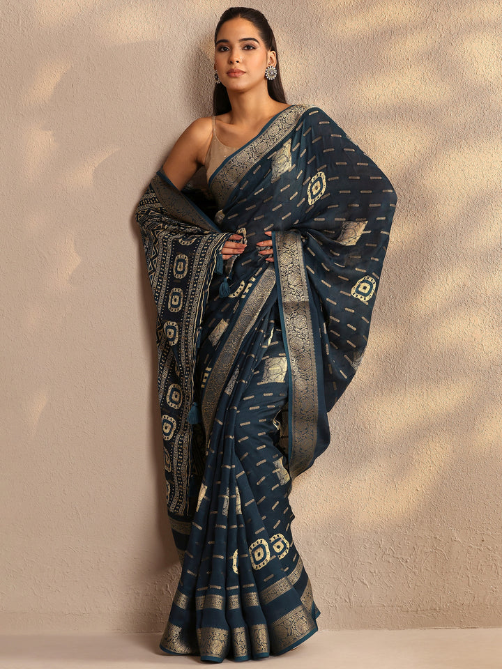 Teal Woven Design Silk Blend Saree With Unstitched Blouse Piece