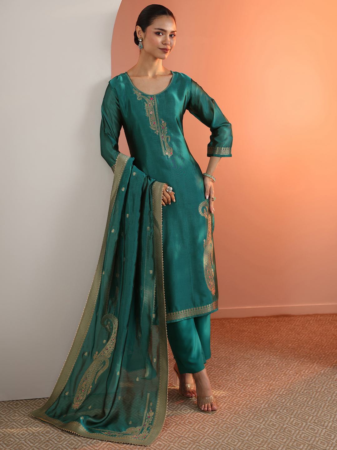 Teal Woven Design Silk Blend Straight Suit Set With Dupatta