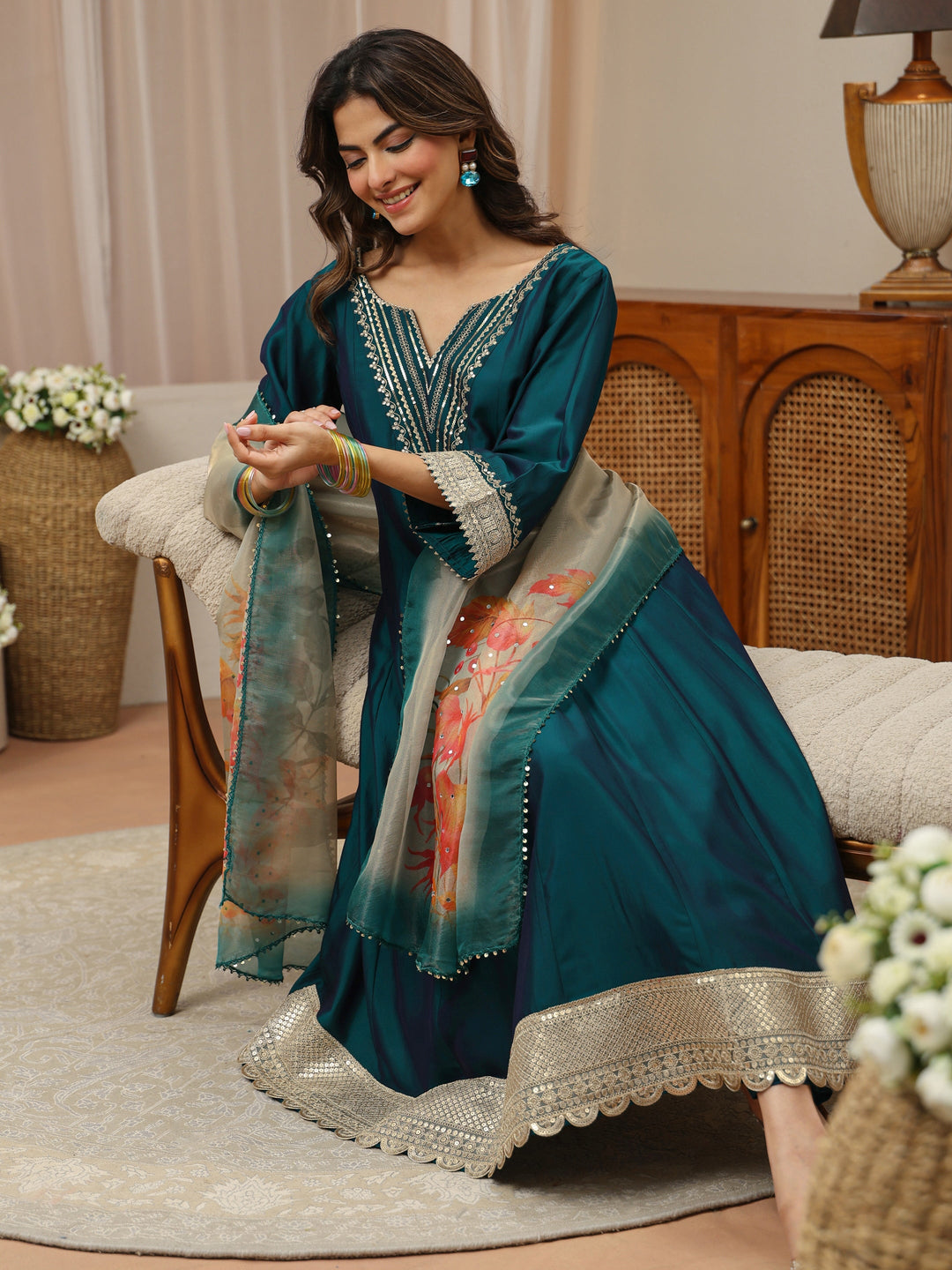 Teal Yoke Design Silk Blend Anarkali Suit Set