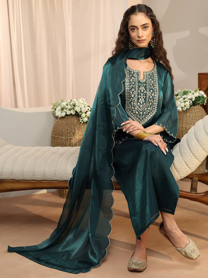 Teal Yoke Design Tissue Straight Suit Set