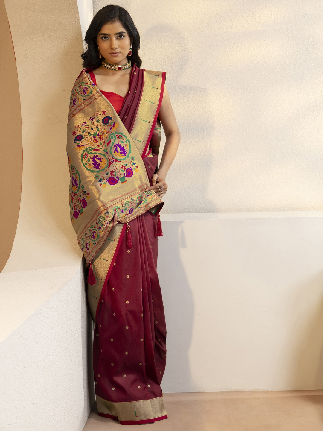 Terracotta Red Silk Blend Paithani Saree