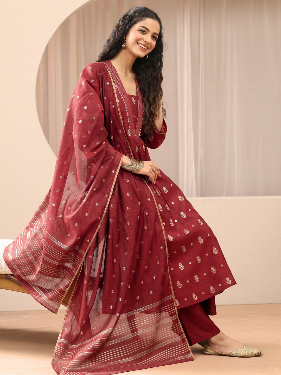 Terracotta Red Woven Design Chanderi Silk A-Line Suit Set