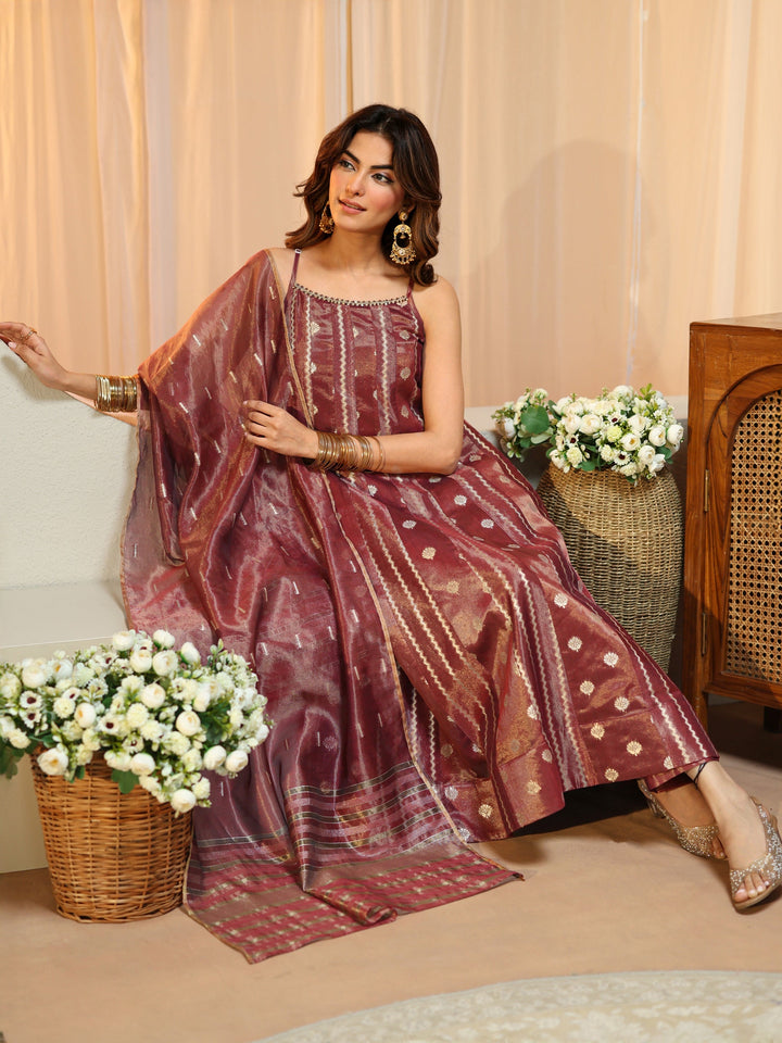 Terracotta Red Woven Design Chanderi Silk A-Line Suit Set