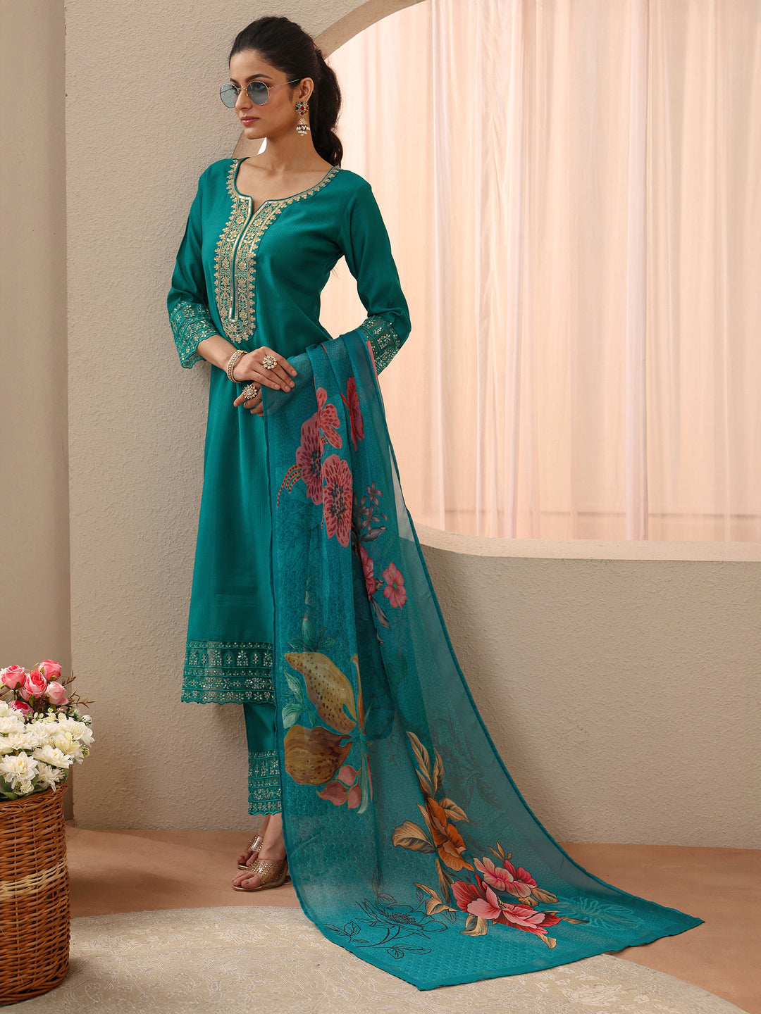 Turquoise Blue Embellished Silk Blend Straight Suit Set