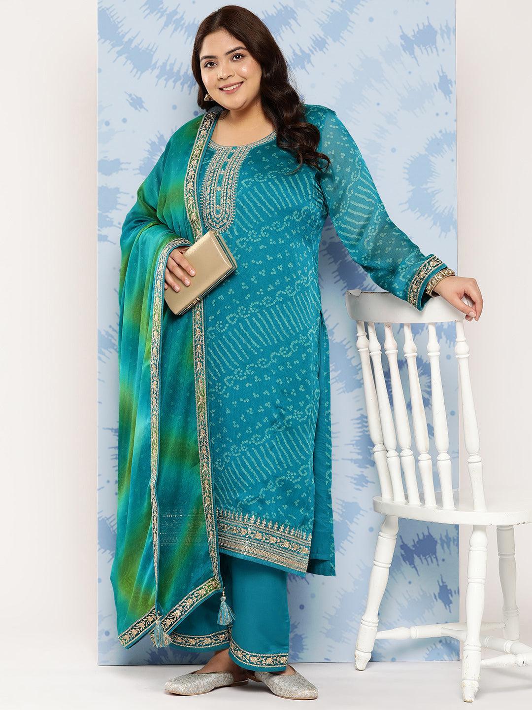 Turquoise Blue Printed Chiffon Straight Kurta With Trousers and Dupatta - Libas 