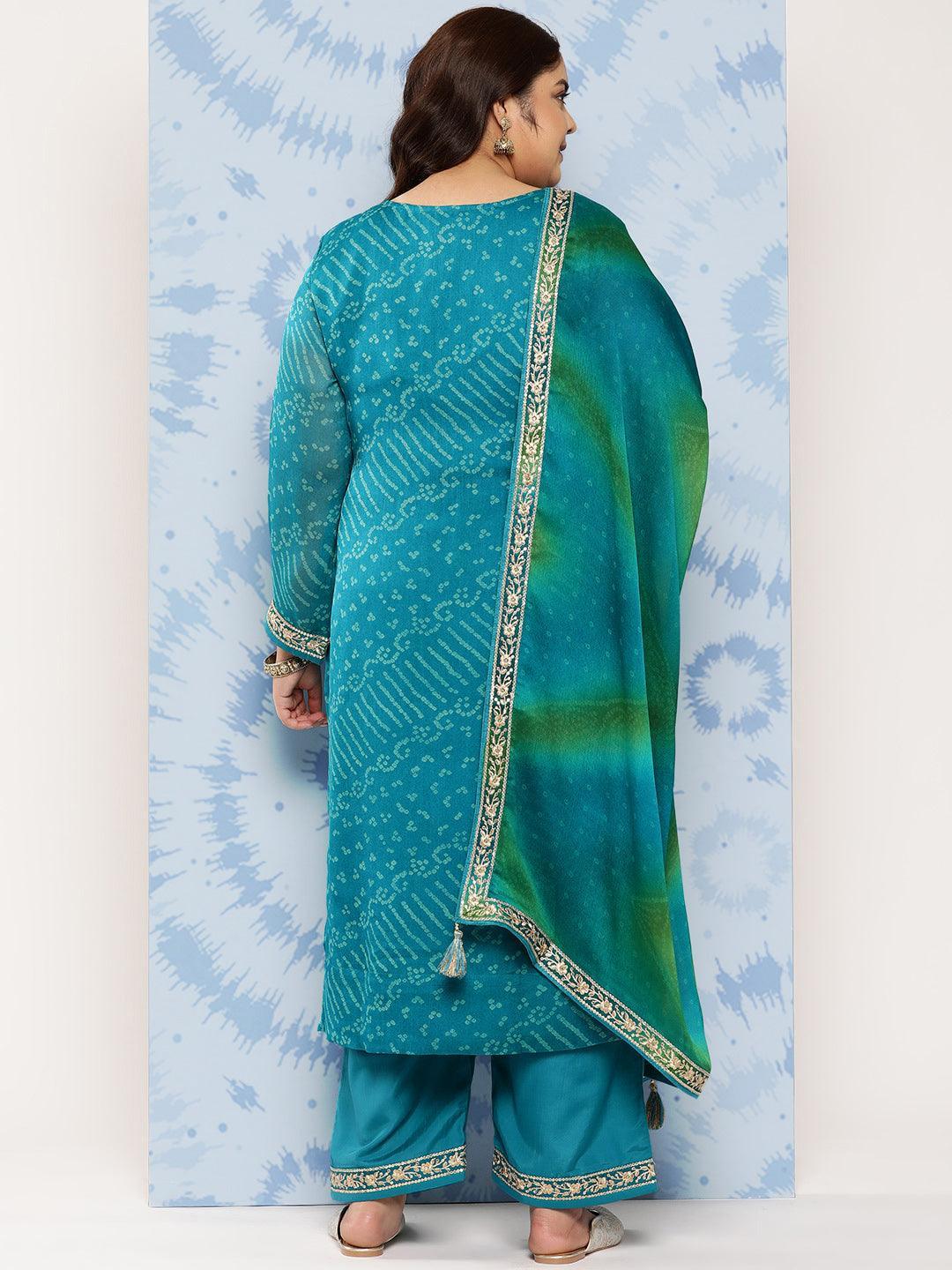 Turquoise Blue Printed Chiffon Straight Kurta With Trousers and Dupatta - Libas 
