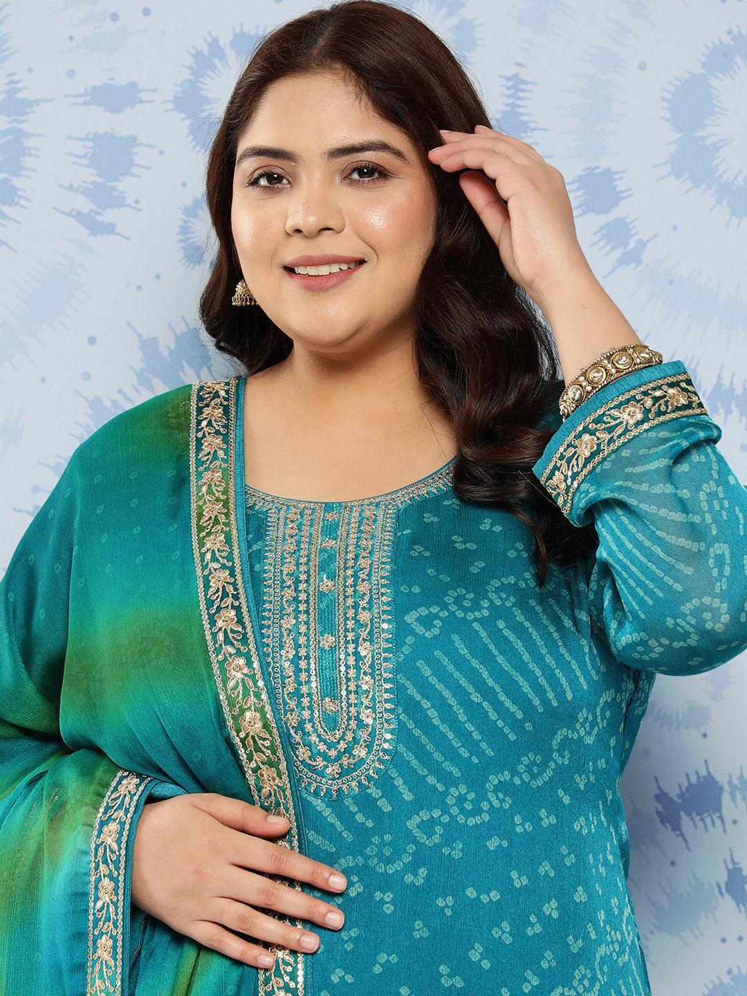 Turquoise Blue Printed Chiffon Straight Kurta With Trousers and Dupatta - Libas 