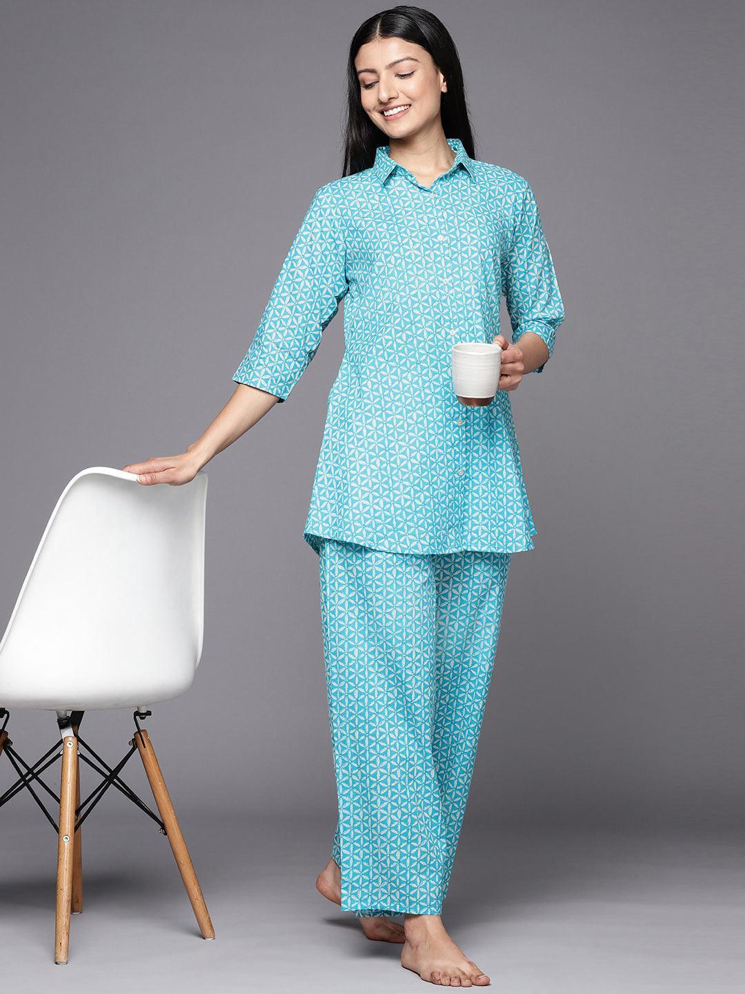 Turquoise Blue Printed Cotton Night Suit - ShopLibas 