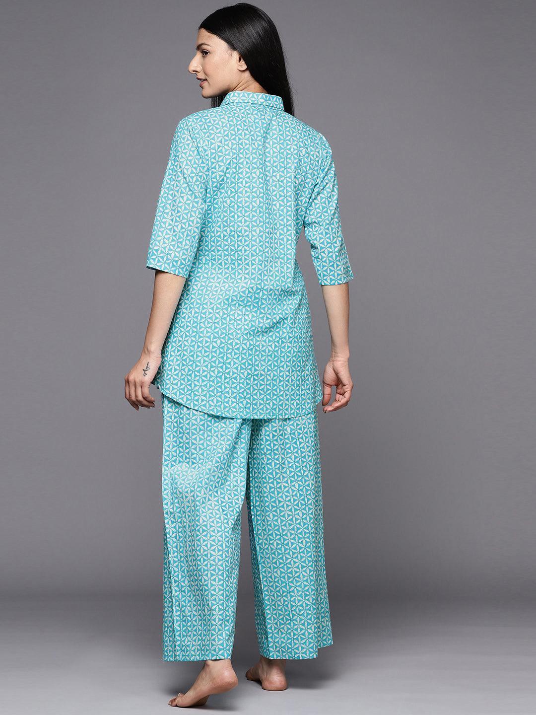 Turquoise Blue Printed Cotton Night Suit - ShopLibas 