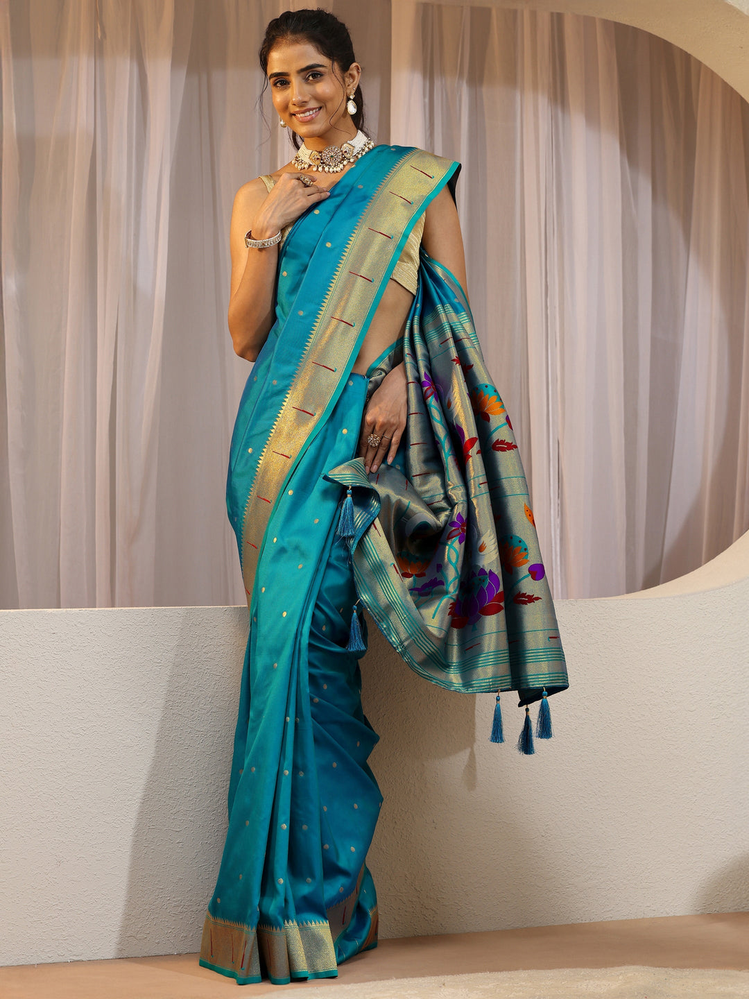 Turquoise Silk Blend Paithani Saree