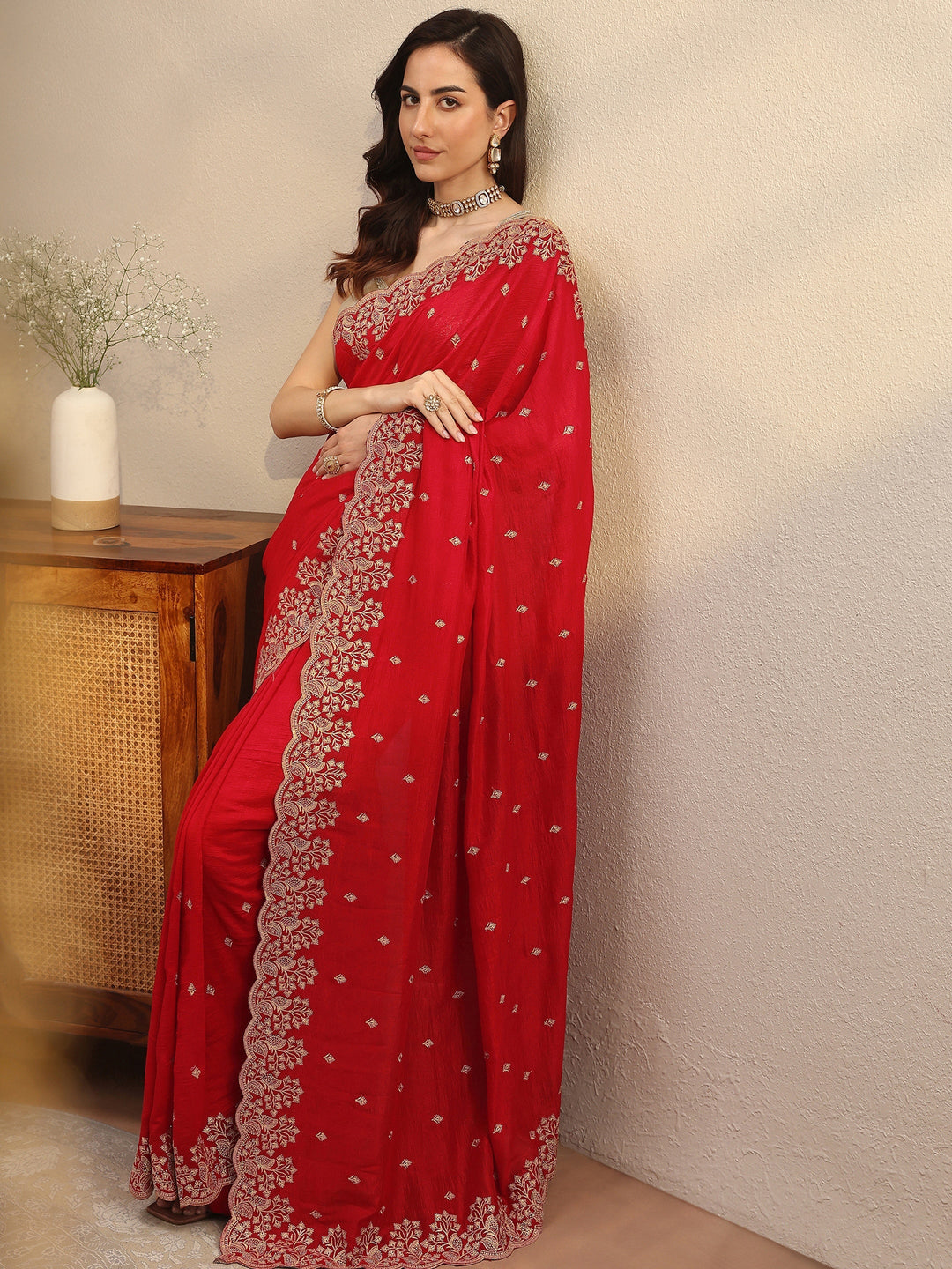 Vermilion Red Floral Embroidered Silk Blend Saree