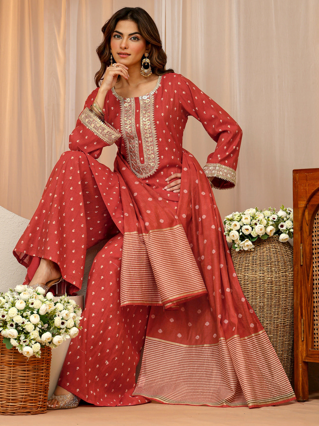 Vermillion Orange Woven Design Chanderi Silk Palazzo Suit Set