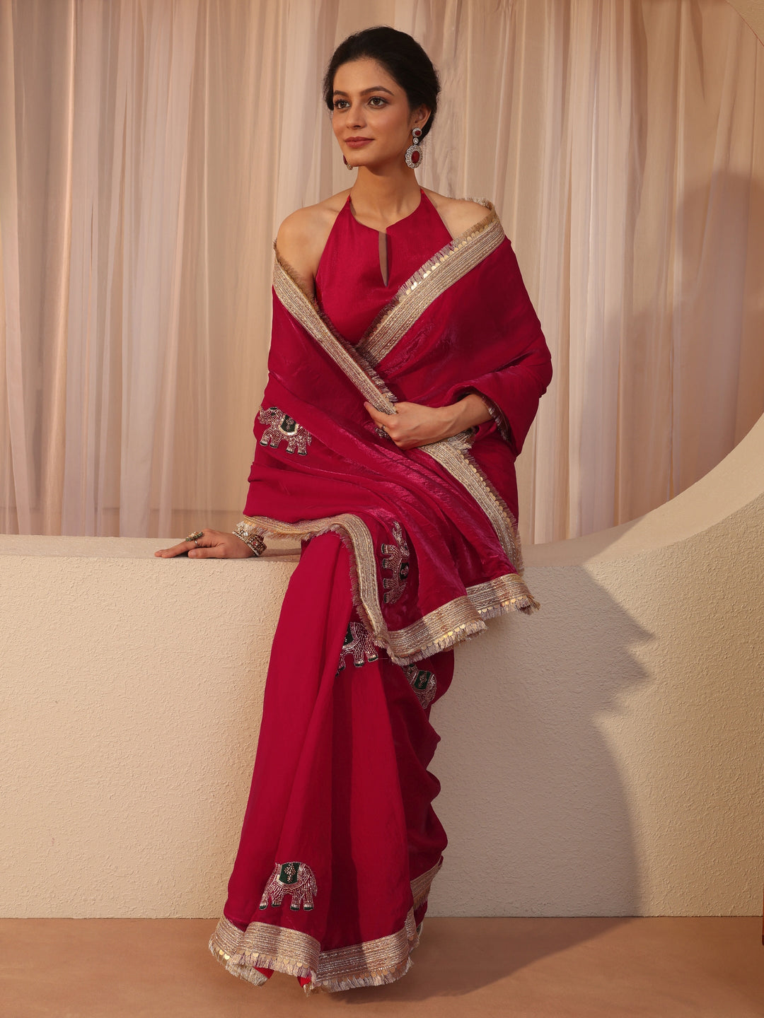 Vermillion Red Elephant Motif Tissue Saree