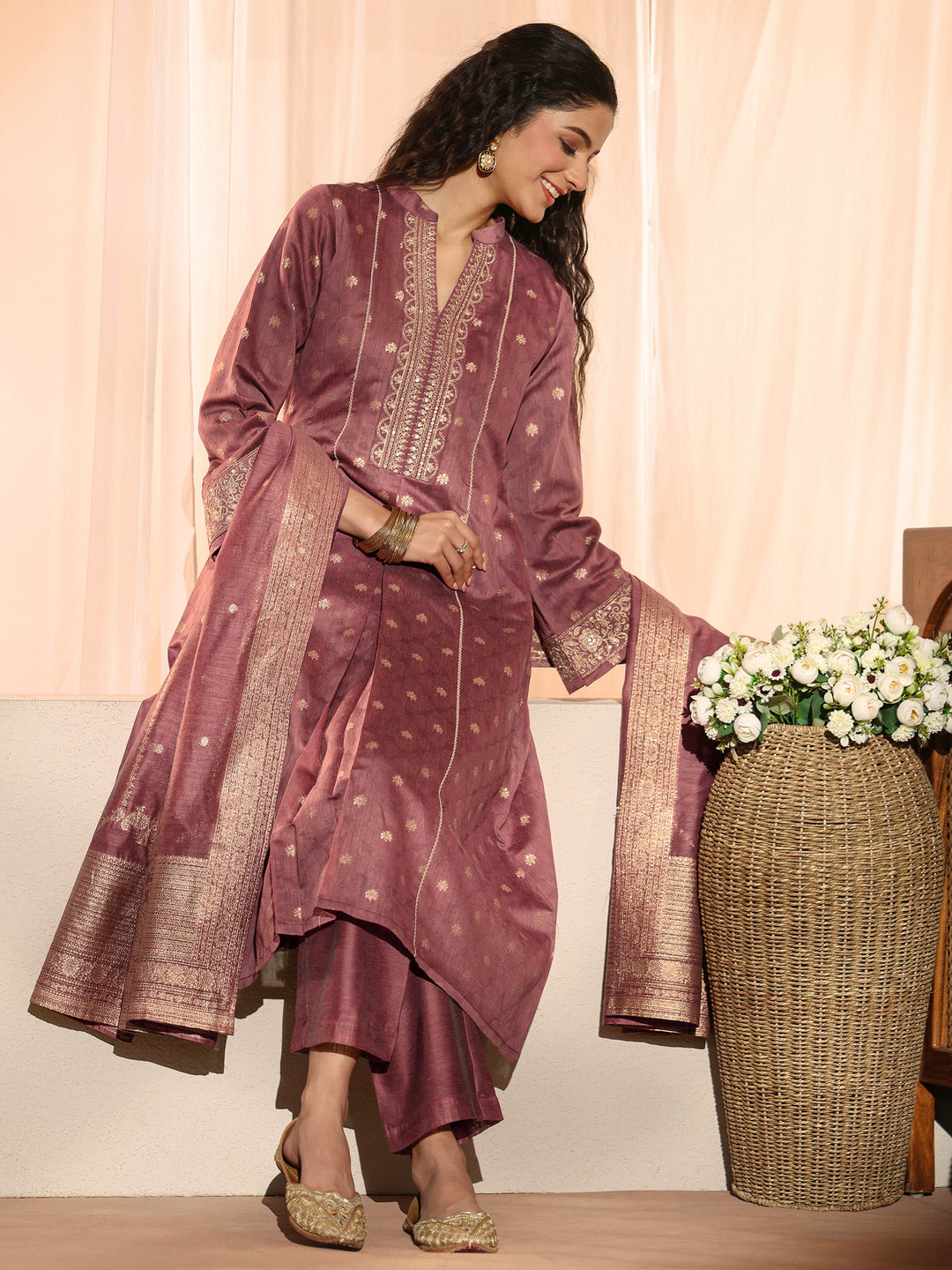 Vintage Pink Woven Design Chanderi Silk A-Line Suit Set
