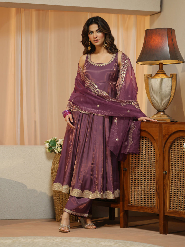 Vintage Purple Silk Blend Sleeveless Anarkali Suit Set