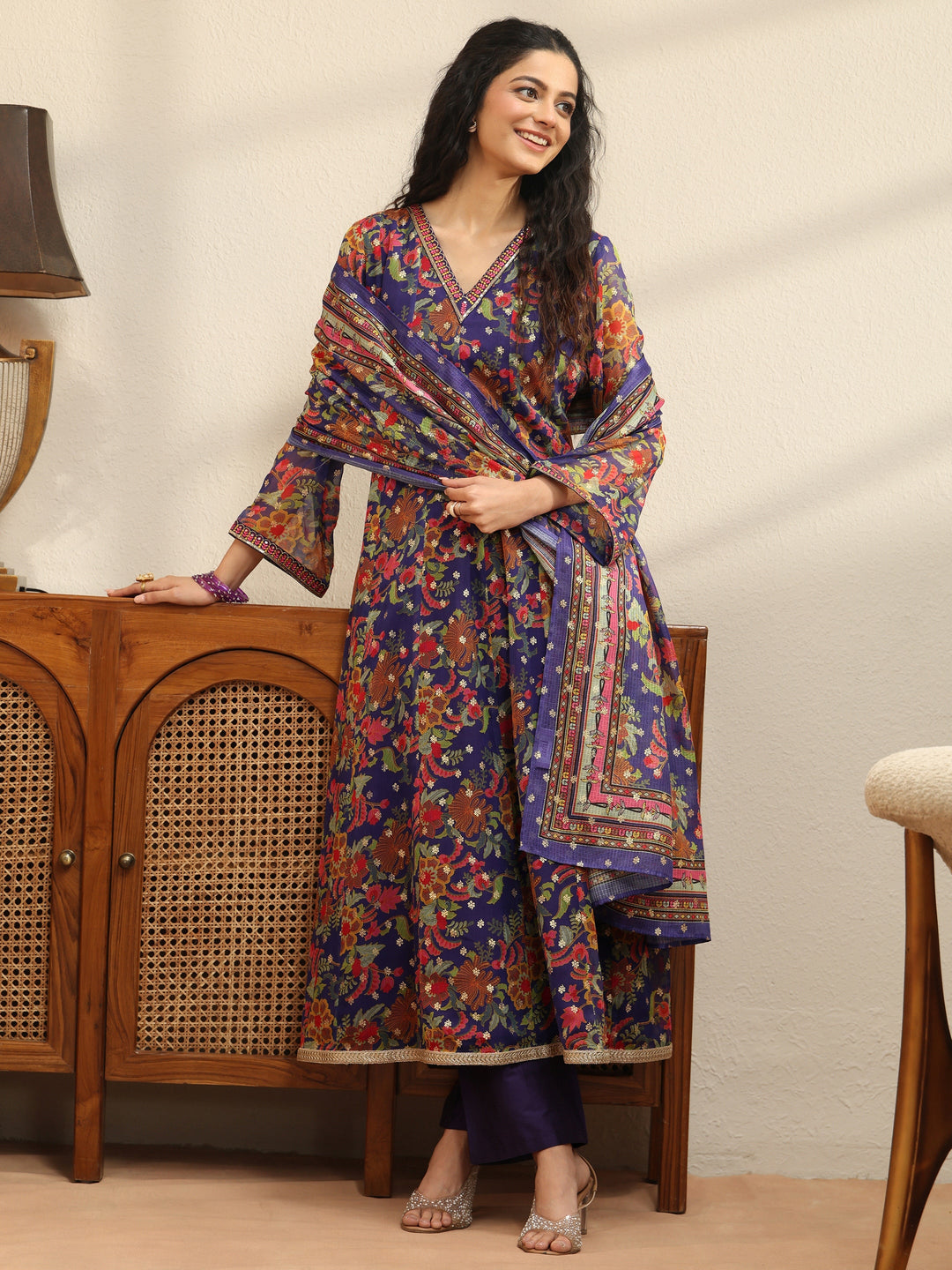 Violet Floral Printed Chiffon Anarkali Suit Set