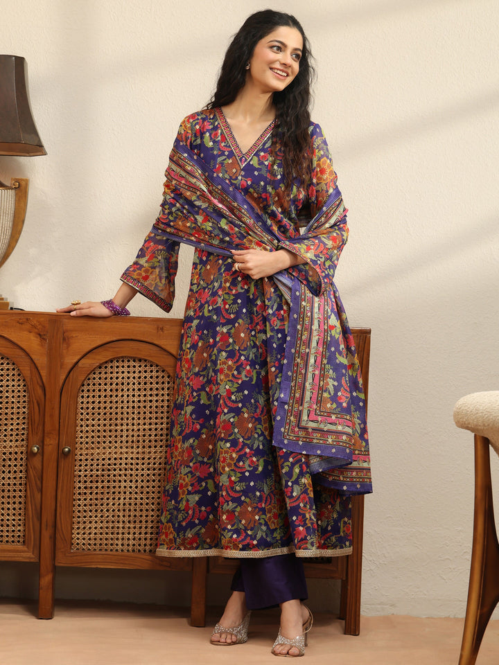 Violet Floral Printed Chiffon Anarkali Suit Set
