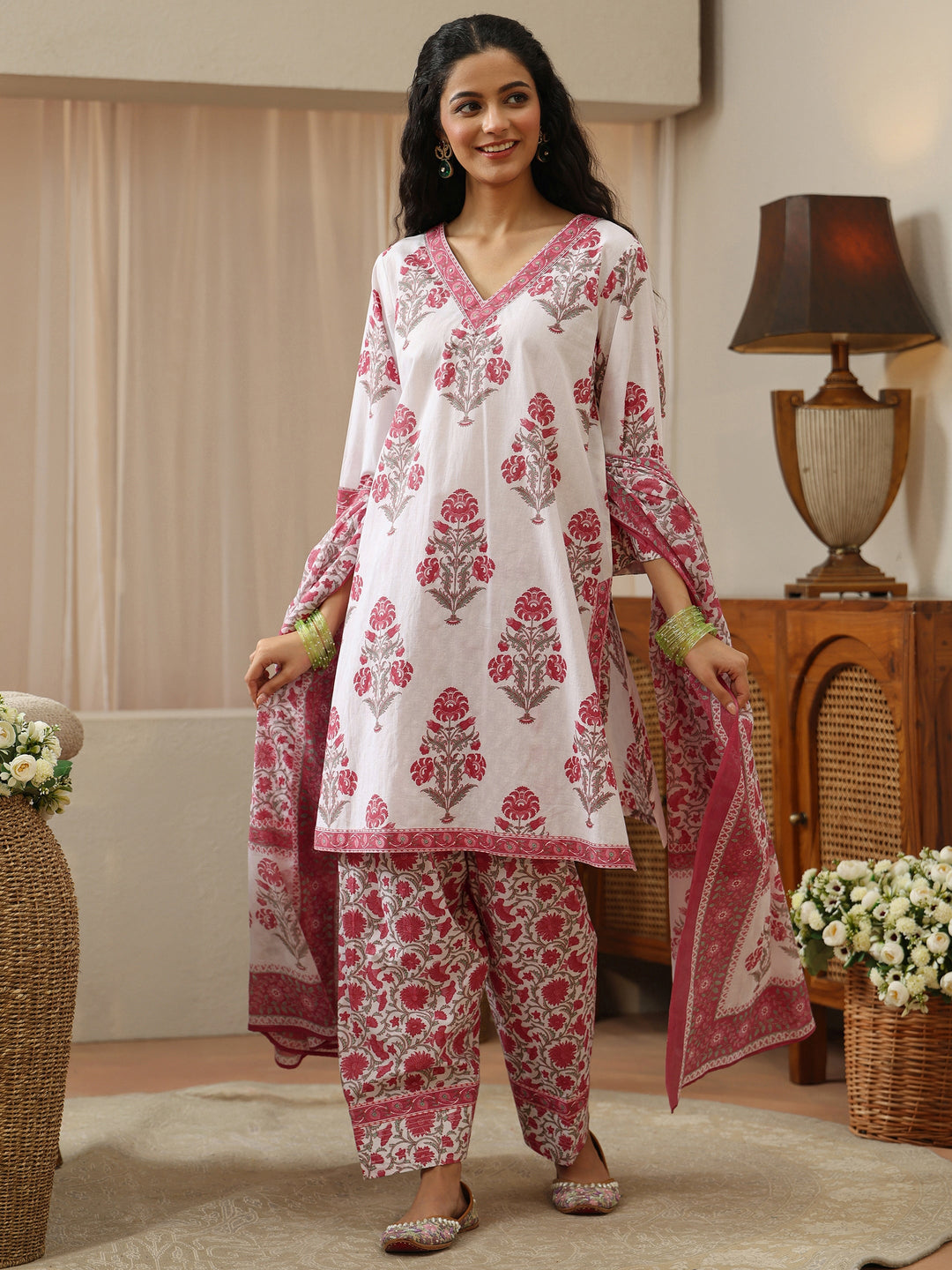 White and Pink Floral Block Printed Cotton Straight Suit Set