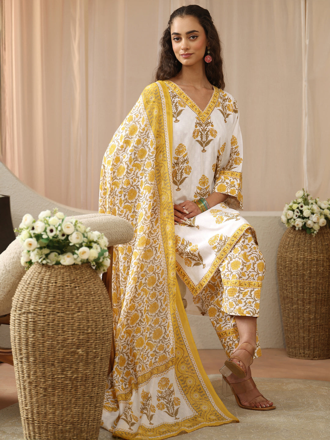 White and Yellow Floral Block Printed Cotton Straight Suit Set