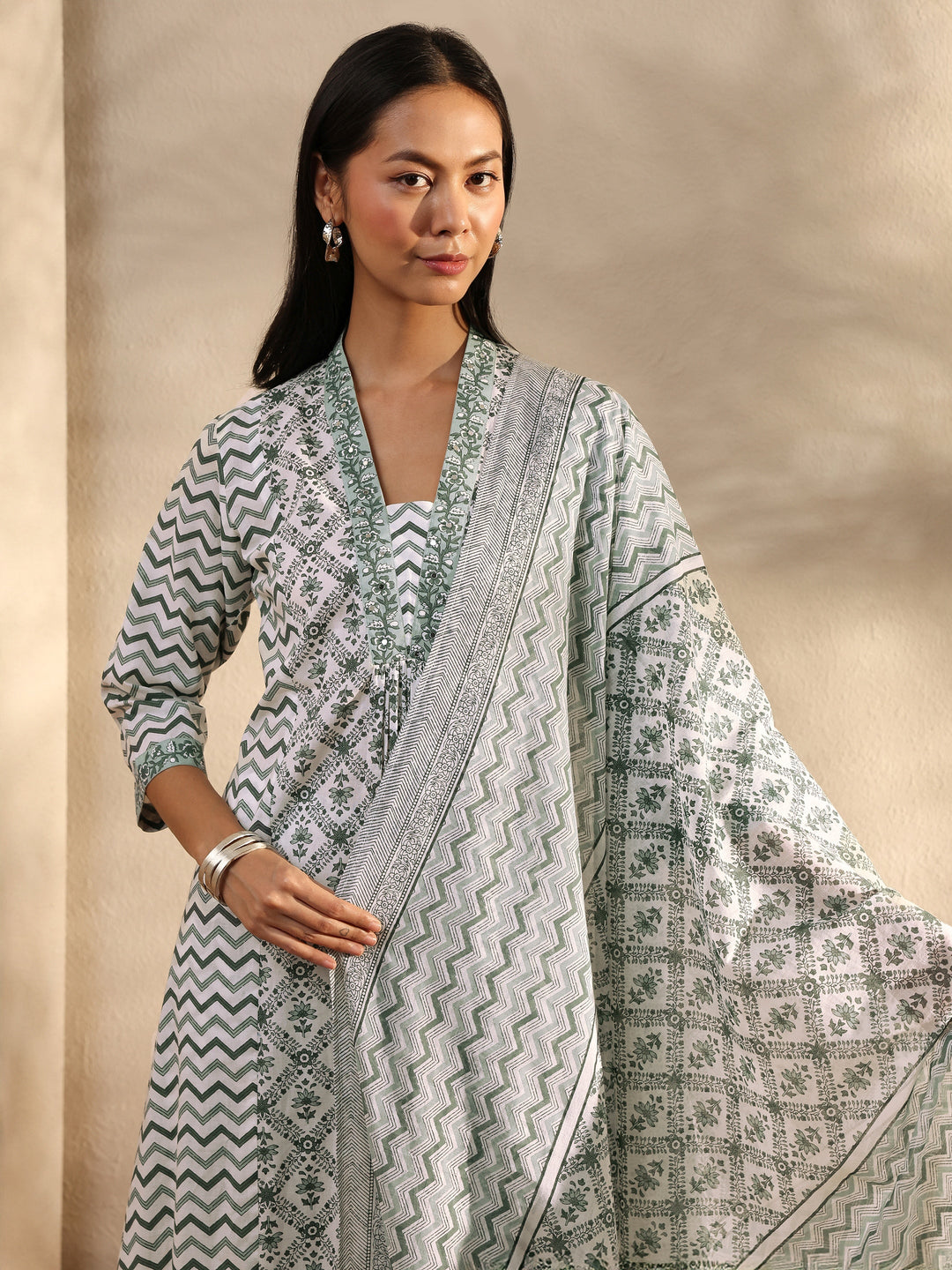 White Chevron Printed Cotton A-Line Suit Set With Dupatta