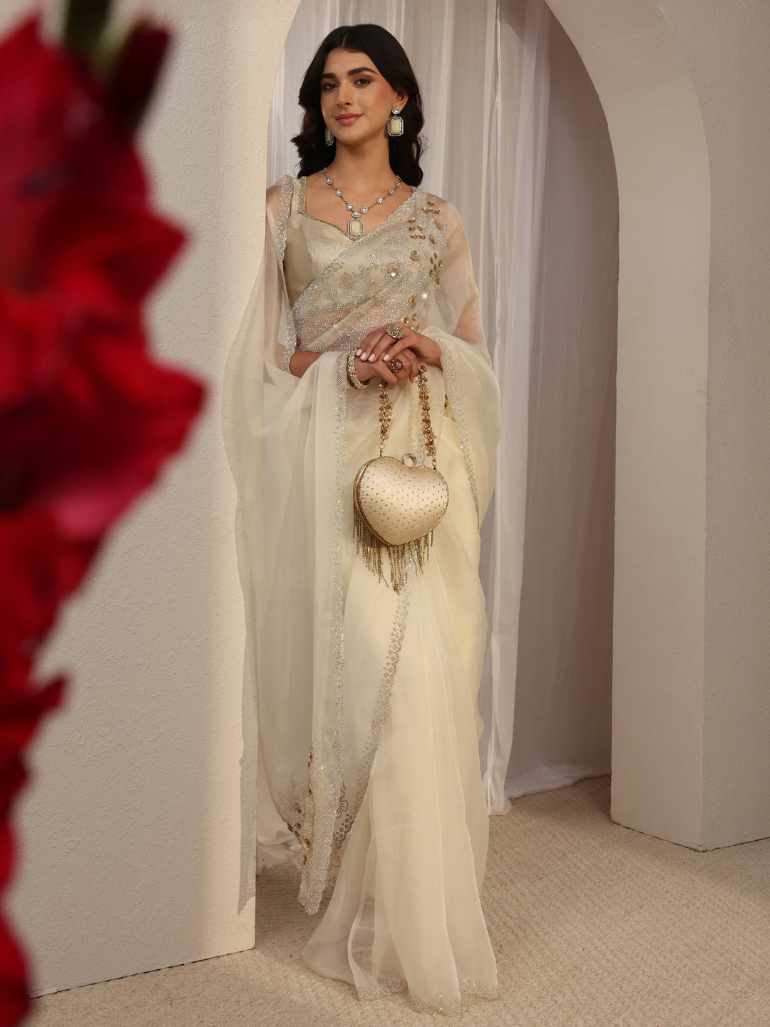 White Embellished Organza Saree With Unstitched Blouse Piece