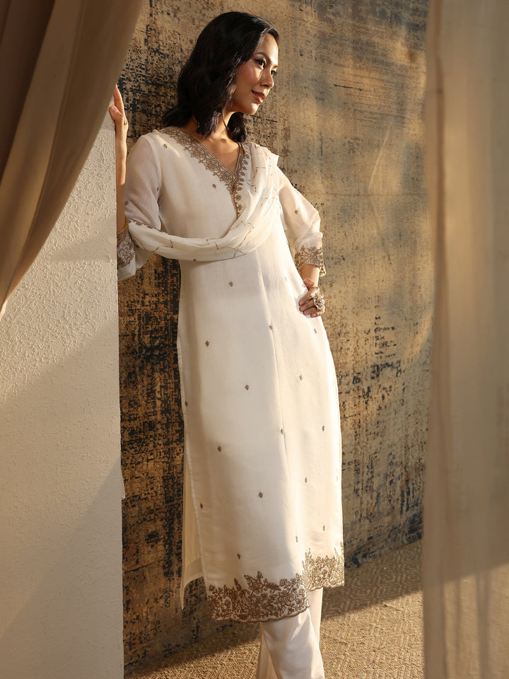 White Embroidered Chanderi Cotton Straight Suit Set With Dupatta